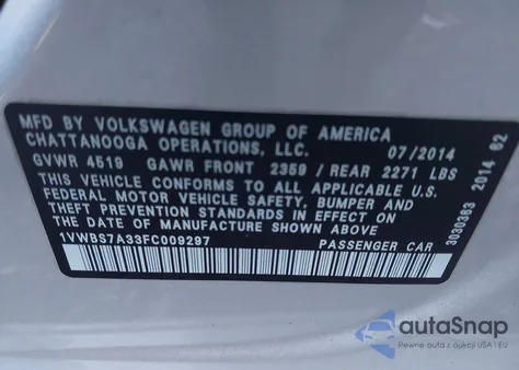 2015 Volkswagen Passat 1.8T Se z USA, uszkodzony, nr VIN 1VWBS7A33FC009297